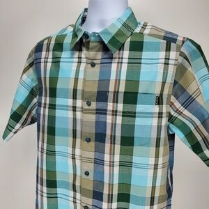 Kavu Mens‎ Small Shirt Short Sleeve Button Up Plaid Cotton Blend Blue Check Hike